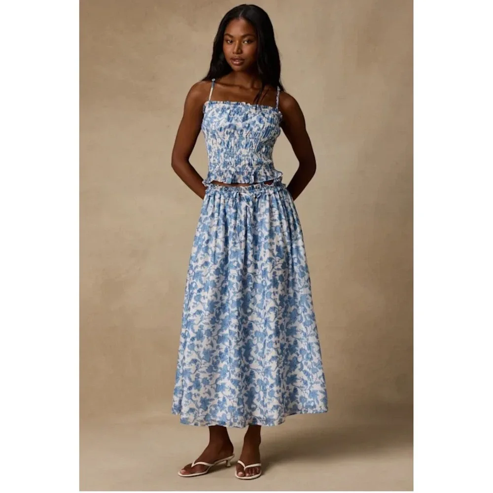 Lulus Denarius White and Blue Leaf Print Two-Piece Midi Dress Size XL New!